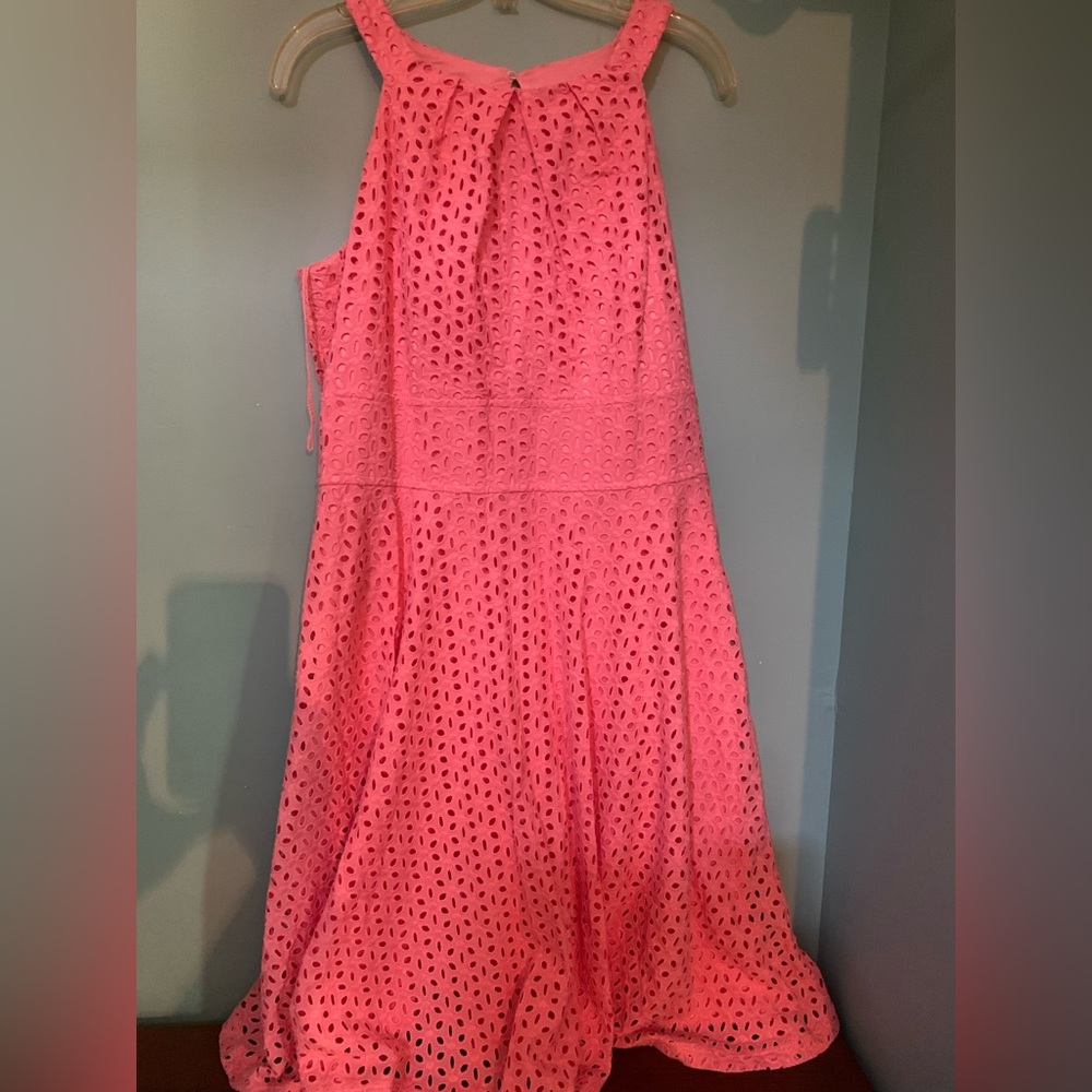 Coral lace overlay dress. Flattering fit.